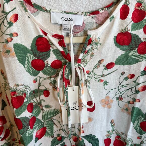 NEW Cece Woven Top Boho Blouse Shirt Linen Blend Red Green Strawberry print sz M - Picture 2 of 8